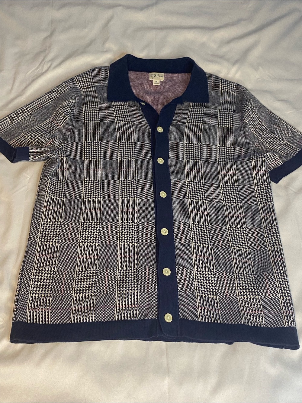 J.Crew Men's Polo Shirt Size M Regular Navy/White Plaid Knit Short Sleeve